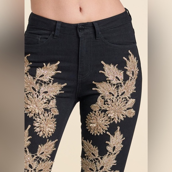 VENUS Black Denim Jeans with Gold Embroidered Embellishments - Picture 3 of 6